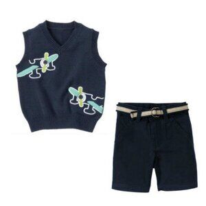 NWT Gymboree East Coast Harbor Airplane Sweater Vest & Belted Shorts 2T
